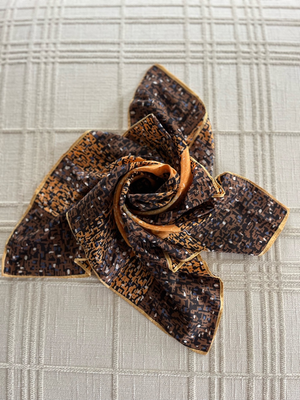 Vintage Printed Scarf Golden Yellow Brown Blue Square